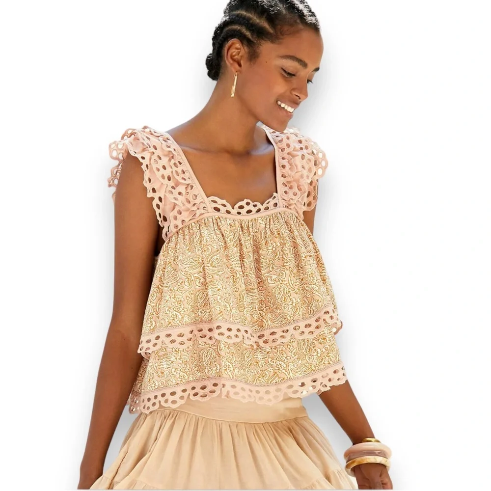 ANTHROPOLOGIE Let Me Be Layered Ruffle Peach Eyelet Swing Top Feminine Blouse - Picture 1 of 16